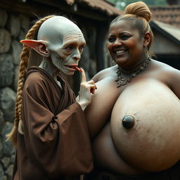In a medieval village, a tiny elderly female goblin with albinism has very pale skin and a malnourished body