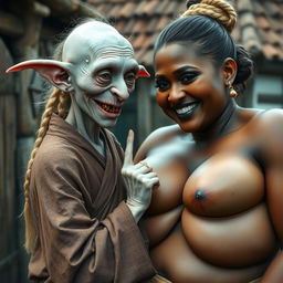 In a medieval village, a tiny elderly female goblin with albinism displays very pale skin and a malnourished appearance, characterized by sharp, decayed teeth