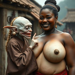 In a medieval village, a tiny elderly female goblin with albinism displays very pale skin and a malnourished appearance, characterized by sharp, decayed teeth