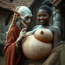 In a medieval village, a tiny elderly female goblin with albinism showcases very pale skin and a malnourished body