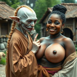 In a medieval village, a tiny elderly female goblin with albinism showcases very pale skin and a malnourished body