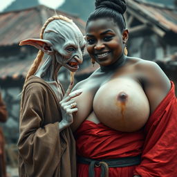 In a medieval village, a tiny elderly female goblin with albinism showcases very pale skin and a malnourished body