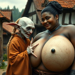 In a medieval village, a scene unfolds featuring a tiny, elderly female goblin, characterized as an albino with very pale skin, appearing malnourished with rotten teeth, dressed in a long, fully closed Buddhist robe
