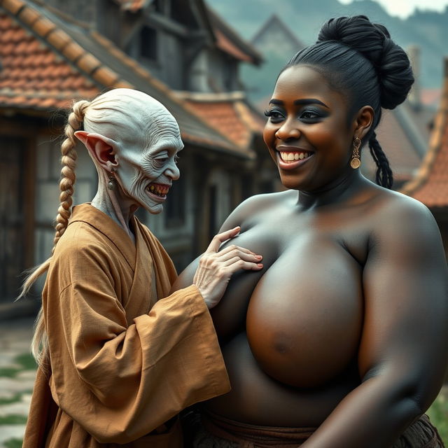 In a medieval village, a scene unfolds featuring a tiny, elderly female goblin, characterized as an albino with very pale skin, appearing malnourished with rotten teeth, dressed in a long, fully closed Buddhist robe