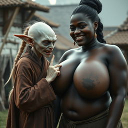 In a medieval village, the scene features a tiny, elderly female goblin, characterized as an albino with very pale skin and a malnourished body, showing rotten teeth