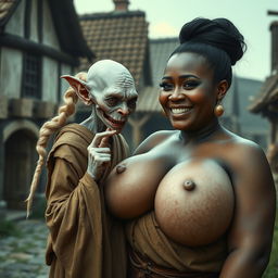 In a medieval village, an elderly female goblin is depicted as very small and albino, with pale skin and a malnourished body