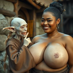 In a medieval village, an elderly female goblin is depicted as very small and albino, with pale skin and a malnourished body