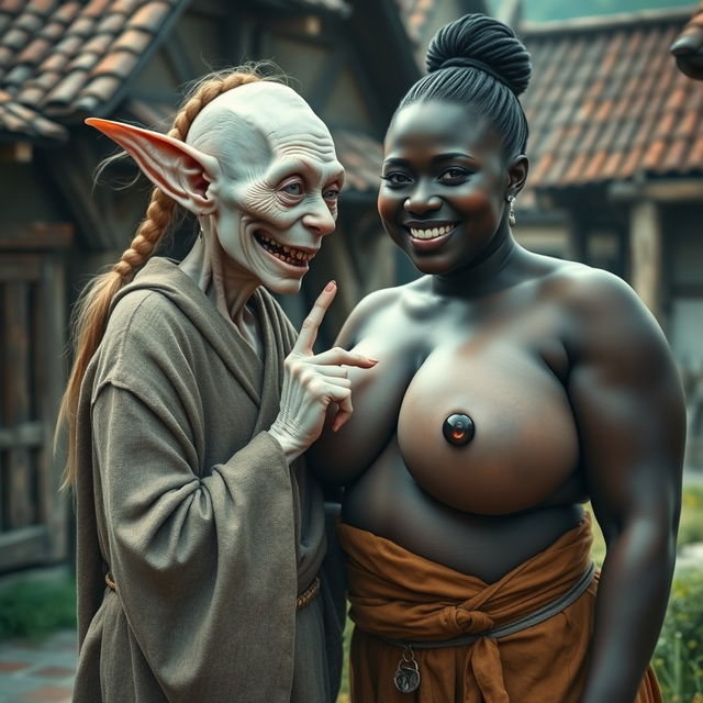 In a medieval village, an elderly female goblin is depicted as very small and albino, with pale skin and a malnourished body