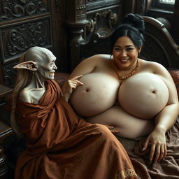 In a richly detailed medieval bedroom, an intricate scene features two women reclining on a beautifully crafted bed