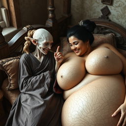 In a richly detailed medieval bedroom, an intricate scene features two women reclining on a beautifully crafted bed