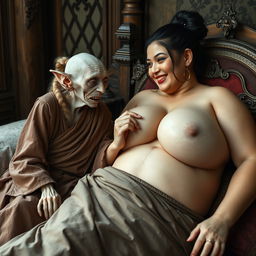 In a richly detailed medieval bedroom, an intricate scene features two women reclining on a beautifully crafted bed