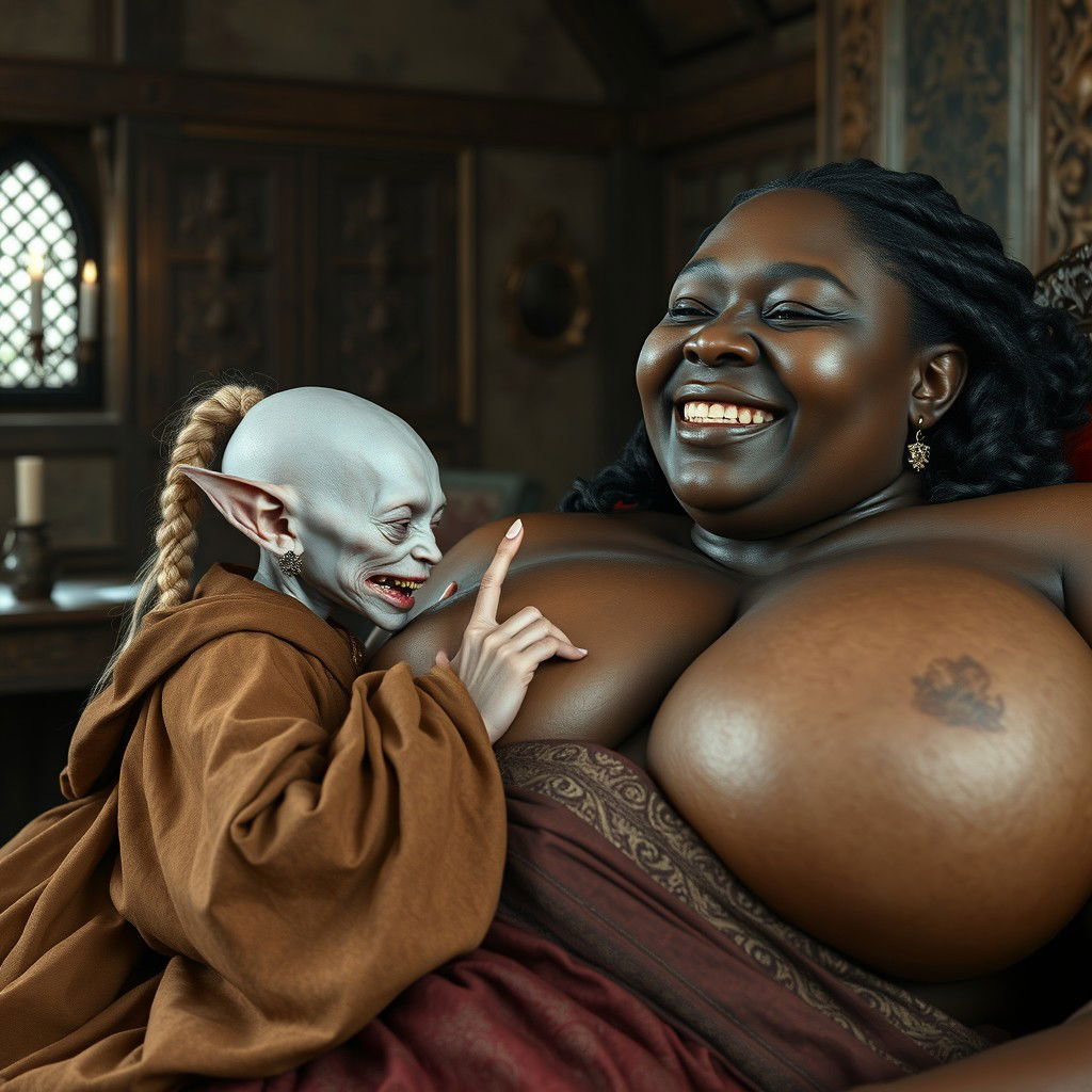 Lying on a medieval bed in an intricately decorated medieval room, a tiny, emaciated albino female goblin with very pale skin and rotten teeth is dressed in a long, fully closed Buddhist cloak
