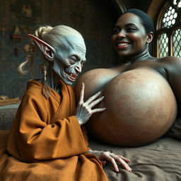 Lying on a medieval bed in an intricately decorated medieval room, a tiny, emaciated albino female goblin with very pale skin and rotten teeth is dressed in a long, fully closed Buddhist cloak