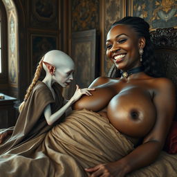 Lying on a medieval bed in an intricately decorated medieval room, a tiny, emaciated albino female goblin with very pale skin and rotten teeth is dressed in a long, fully closed Buddhist cloak