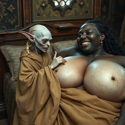 Lying on a medieval bed in an intricately decorated medieval room, a tiny, emaciated albino female goblin with very pale skin and rotten teeth is dressed in a long, fully closed Buddhist cloak