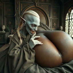 Lying on a medieval bed in an intricately designed medieval room, a tiny, emaciated albino female goblin with very pale skin and rotten teeth wears a long, fully closed Buddhist cloak