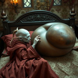 Lying on a medieval bed in a beautifully adorned medieval room, a diminutive, emaciated albino female goblin with very pale skin and rotten teeth is dressed in a long, fully closed Buddhist cloak