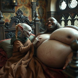 Lying on a medieval bed in a beautifully adorned medieval room, a diminutive, emaciated albino female goblin with very pale skin and rotten teeth is dressed in a long, fully closed Buddhist cloak