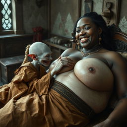 Lying on a medieval bed in a beautifully adorned medieval room, a diminutive, emaciated albino female goblin with very pale skin and rotten teeth is dressed in a long, fully closed Buddhist cloak