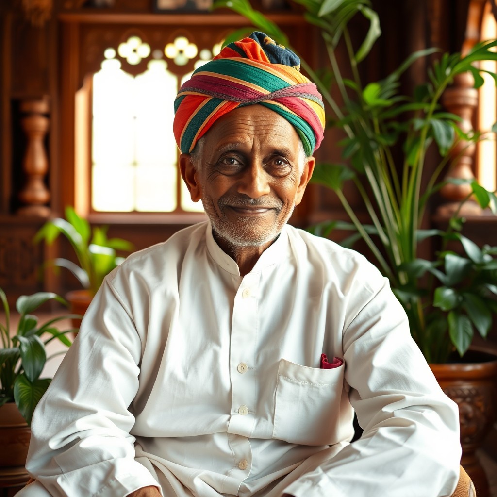 An elderly Indian man sitting gracefully in a traditional setting, wearing a crisp white kurta and a colorful turban, with a gentle smile on his face