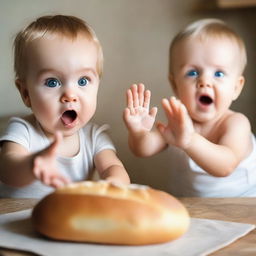 Cute, expressive babies with big teary eyes, eagerly reaching out their little hands towards a fresh, tasty loaf of bread in a peaceful, homely setting.