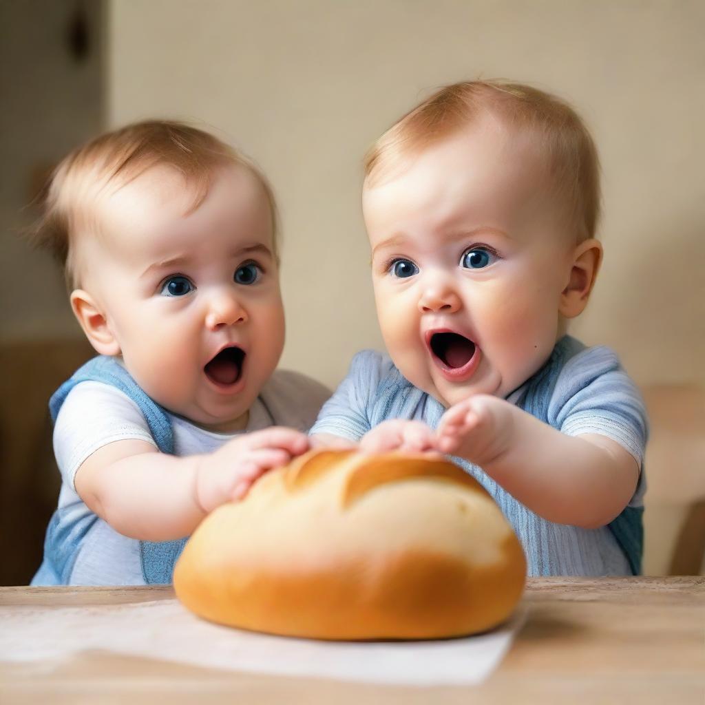 Cute, expressive babies with big teary eyes, eagerly reaching out their little hands towards a fresh, tasty loaf of bread in a peaceful, homely setting.