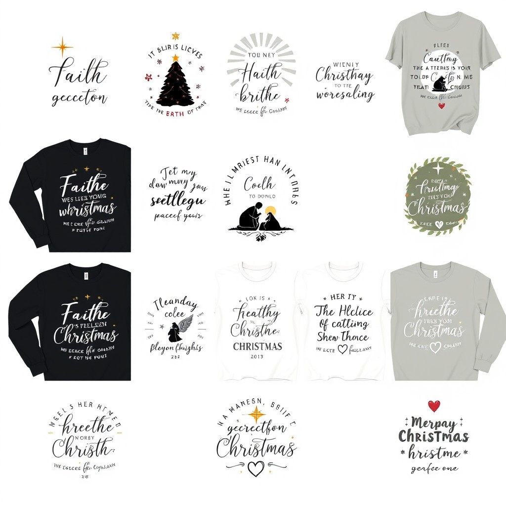 A collection of 12 modern Christian Christmas T-shirt and sweatshirt designs showcasing aesthetic and minimalist styles, celebrating holiday warmth and faith