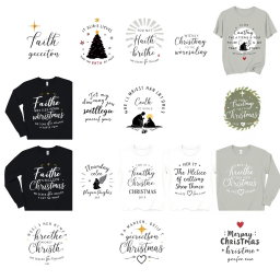 A collection of 12 modern Christian Christmas T-shirt and sweatshirt designs showcasing aesthetic and minimalist styles, celebrating holiday warmth and faith