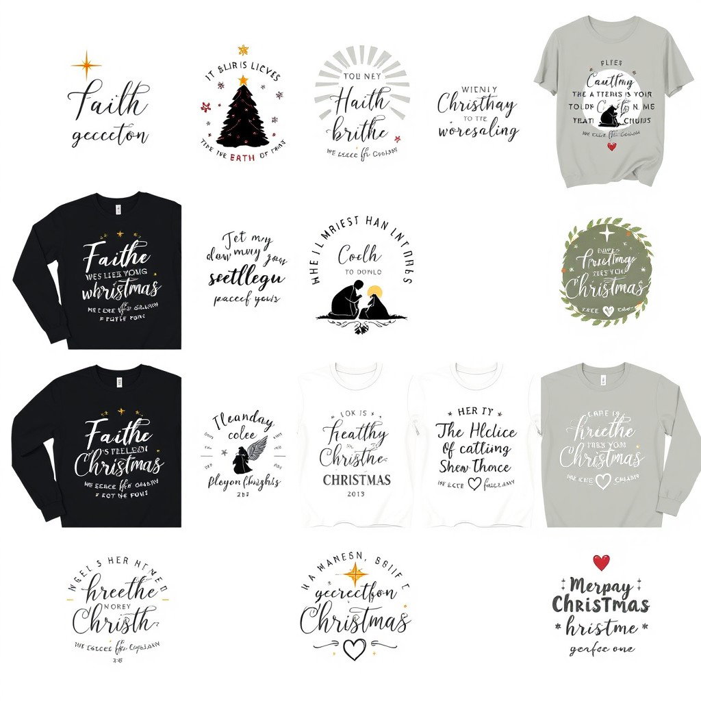A collection of 12 modern Christian Christmas T-shirt and sweatshirt designs showcasing aesthetic and minimalist styles, celebrating holiday warmth and faith