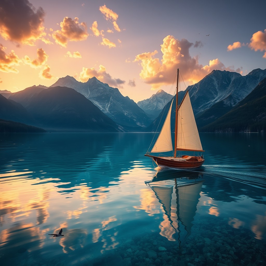 A beautifully detailed scene of a boat sailing peacefully on a crystal-clear lake surrounded by majestic mountains