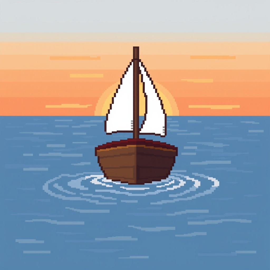 A pixel art representation of a tiny boat viewed from the back, crafted in a cozy 16x16 pixel canvas