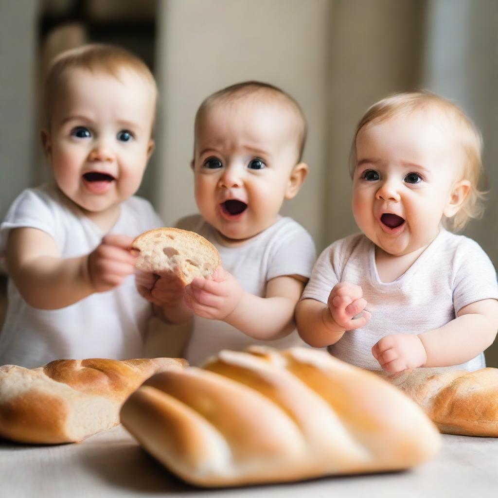 Cute, expressive babies with big teary eyes, eagerly reaching out their little hands towards a fresh, tasty loaf of bread in a peaceful, homely setting.