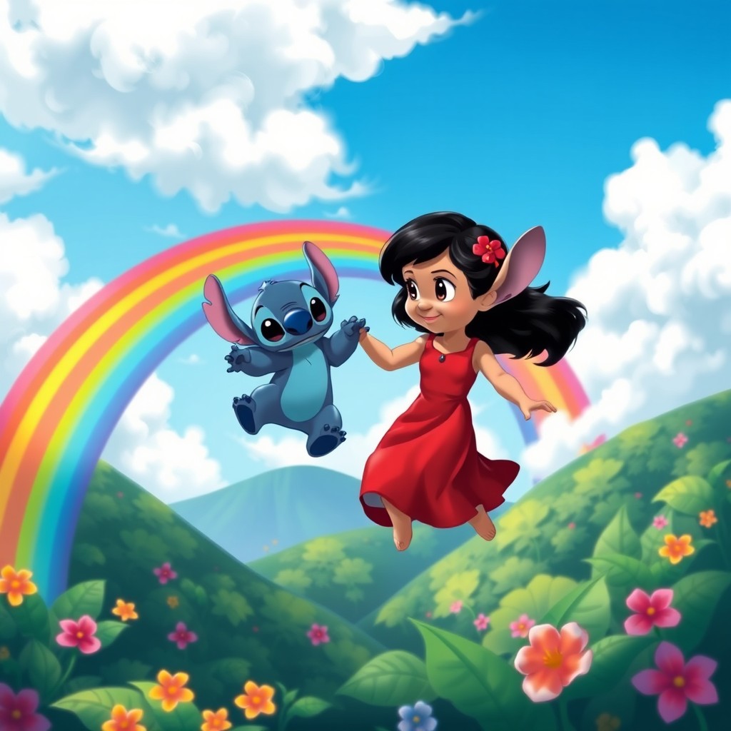Lilo with curiosity, looking at the enchanting world around her, holding Stitch's hand as he joyfully jumps over a vibrant rainbow