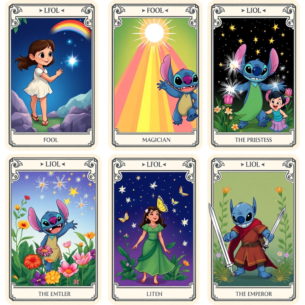 A series of tarot cards in the style of Lilo and Stitch, featuring the following designs for the Major Arcana: 
1