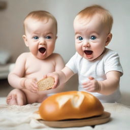 Cute, expressive babies with big teary eyes, eagerly reaching out their little hands towards a fresh, tasty loaf of bread in a peaceful, homely setting.