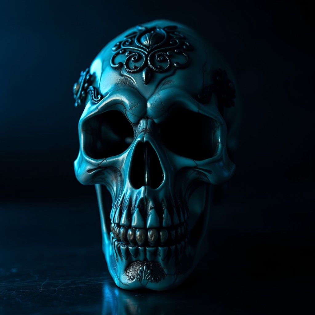 A strikingly detailed and cool skull, featuring intricate carvings and embellishments, set against a dark, moody background