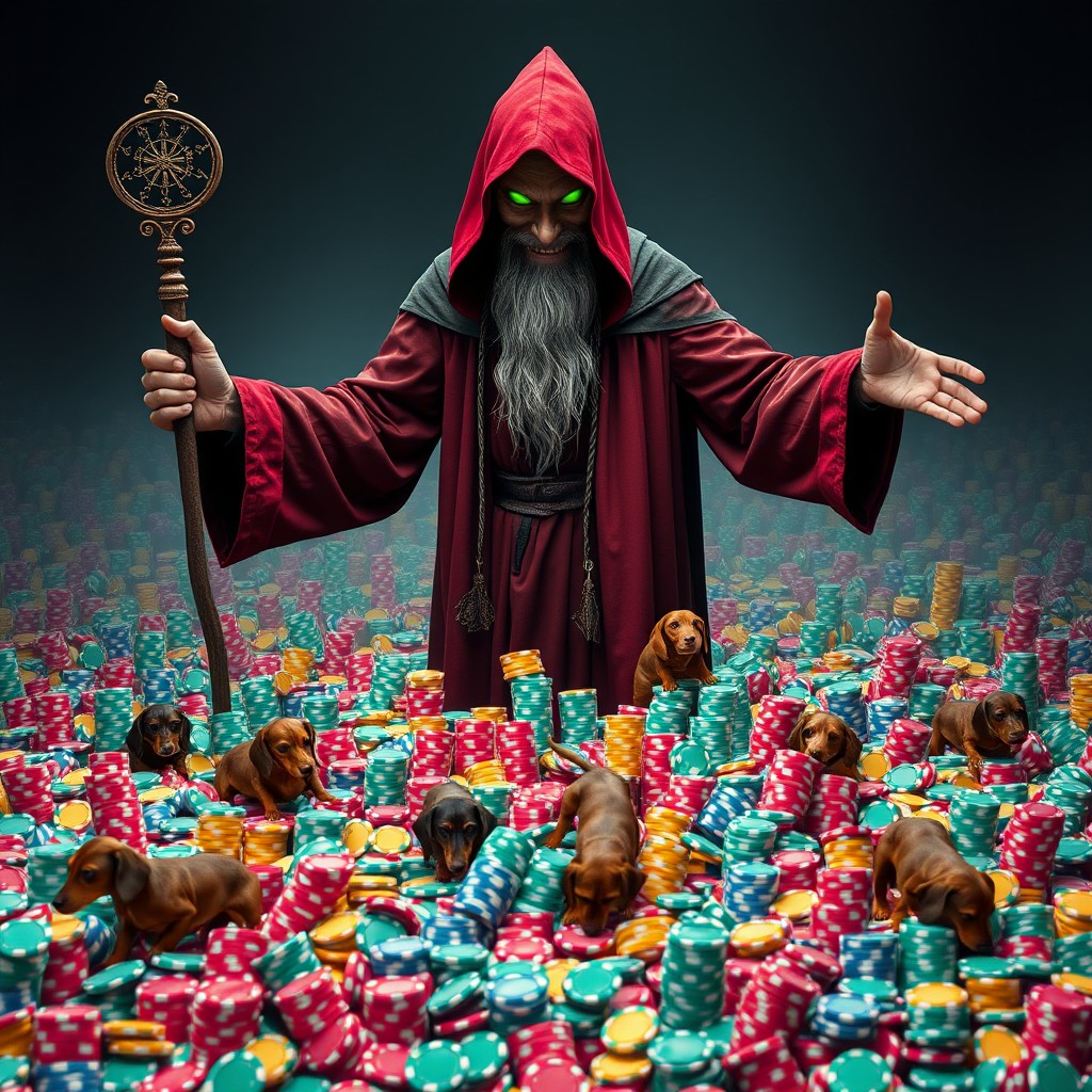 A giant slender man wizard over 8 feet tall, extremely thin, dressed in a dark red robe that appears almost black mixed with red, complemented by a dramatic cape