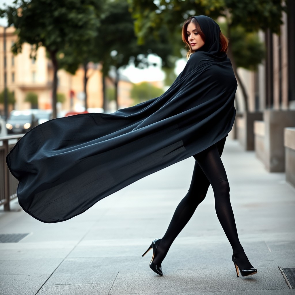 A woman wearing a thick black chador draped elegantly over her figure