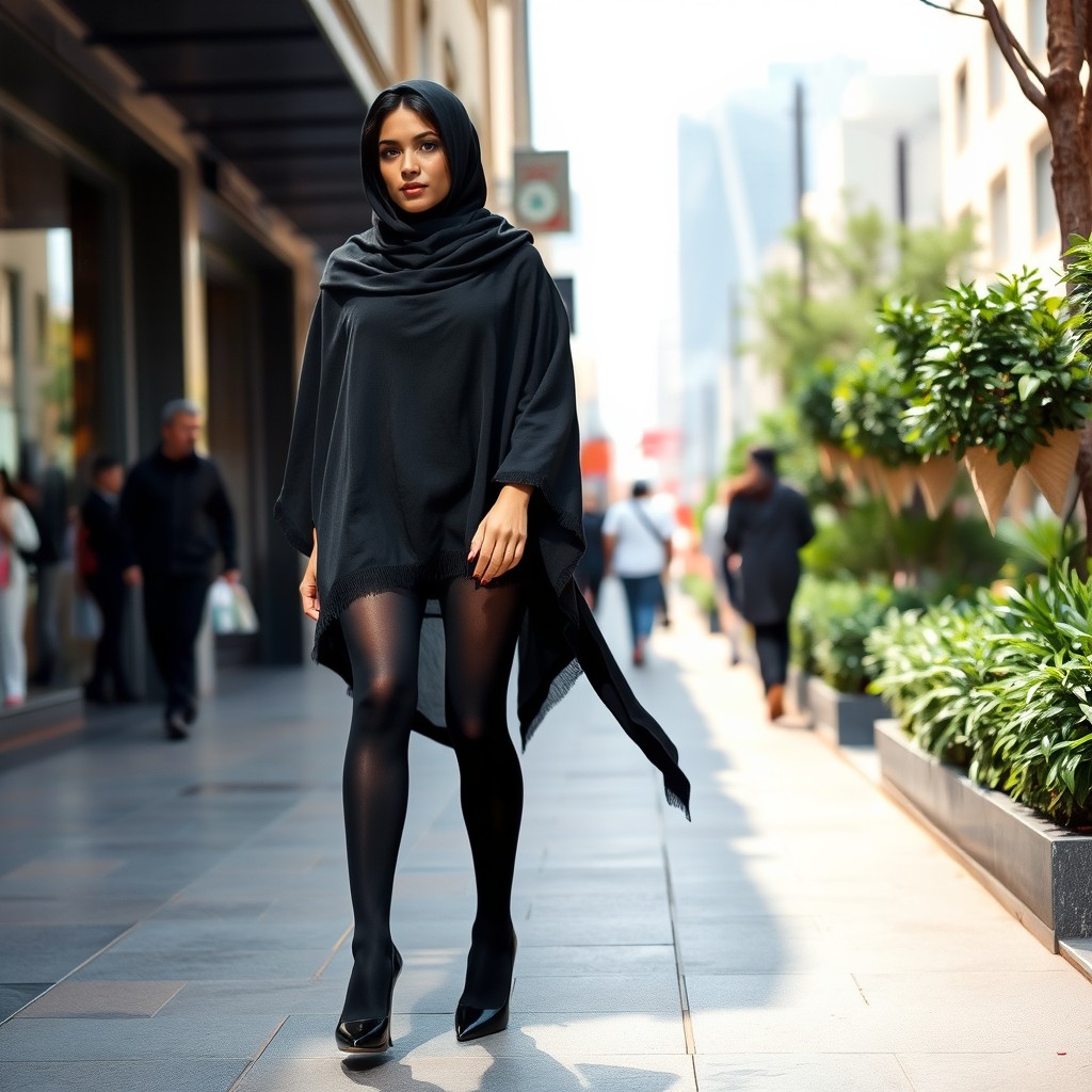 A woman in a thick black chador, elegantly complemented by black tights and stylish black high heels