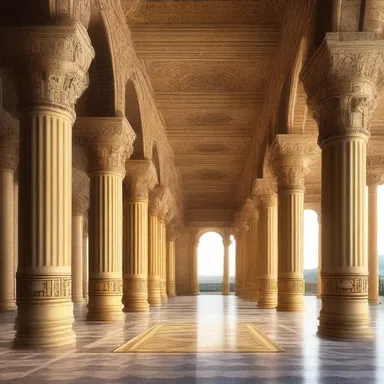 The grandiose palace featured intricate pillars crafted with XCIV emblems, showcasing a blend of art and history.