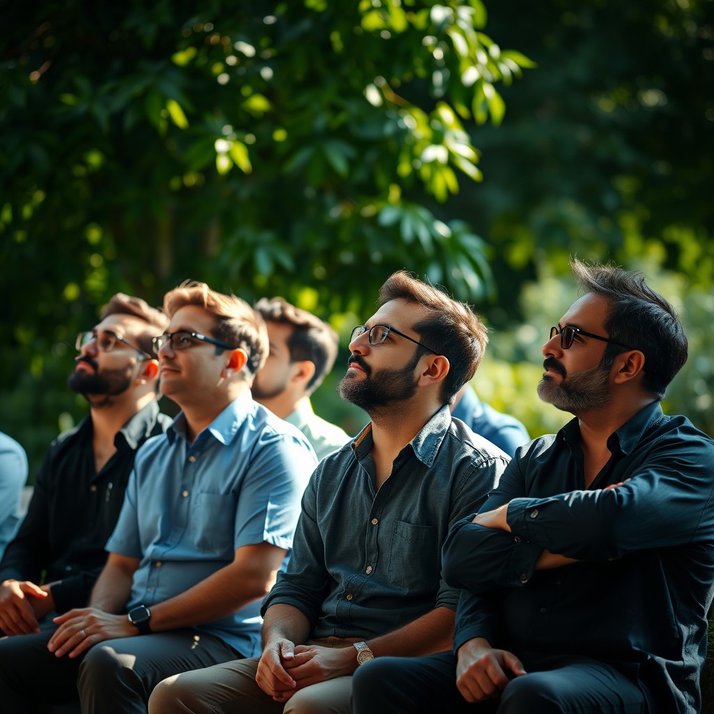 A group of men sitting in a serene setting, engaged in contemplative silence