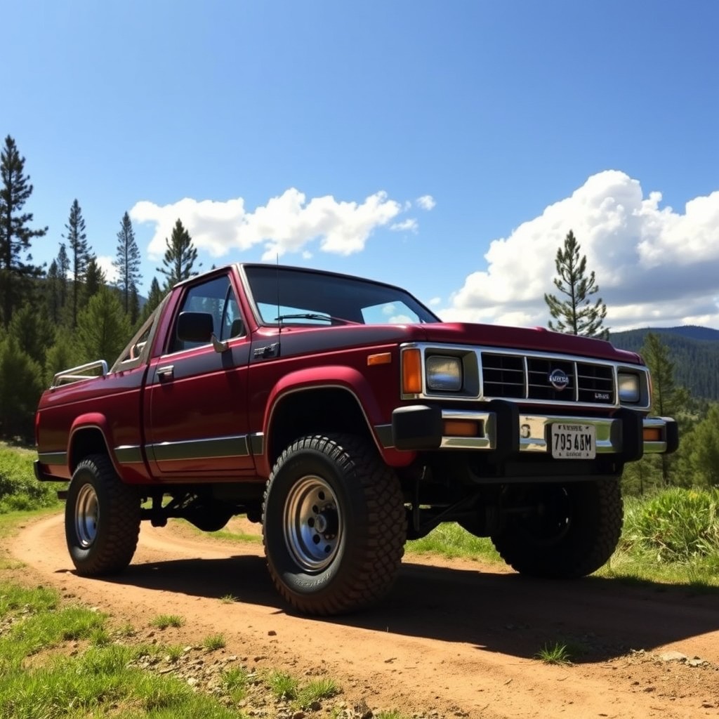 A classic 1985 Nissan pickup truck, capturing its vintage style with bold lines and a rugged exterior