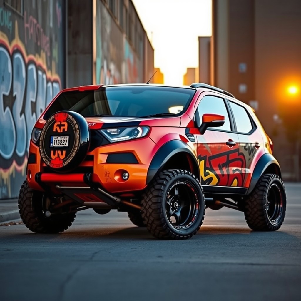 A customized 2008 Ford EcoSport, featuring a vibrant and sporty design with a unique paint job, oversized off-road tires, and eye-catching decals