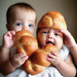 Expressive babies with tear-filled eyes, reaching out their tiny hands regally towards a loaf of warm, aromatic bread.