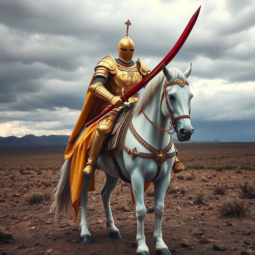 Epic Golden Knight on a Majestic White Horse