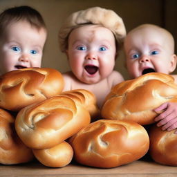 Expressive babies with tear-filled eyes, reaching out their tiny hands regally towards a loaf of warm, aromatic bread.