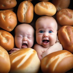 Expressive babies with tear-filled eyes, reaching out their tiny hands regally towards a loaf of warm, aromatic bread.