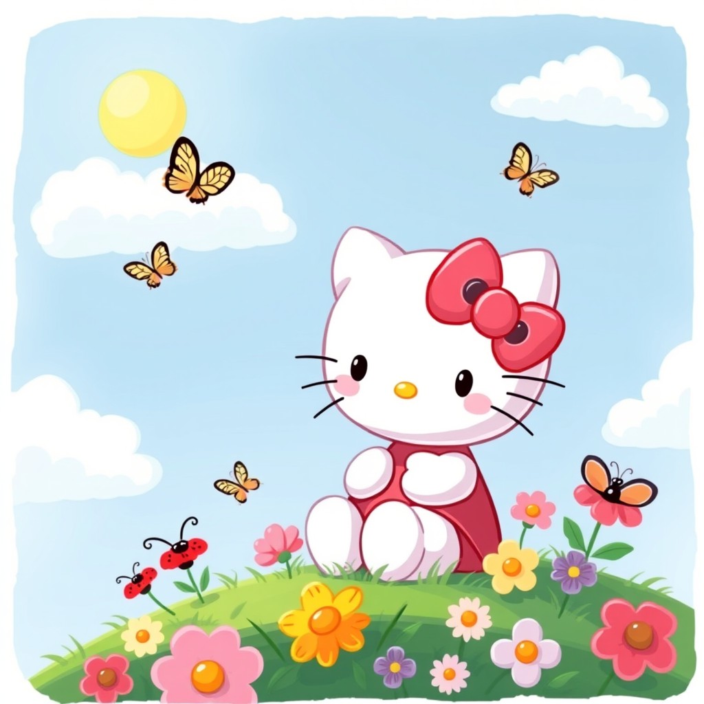 A cute and playful depiction of Hello Kitty, a small white cat with a pink bow on her left ear, sitting on a patch of colorful flowers