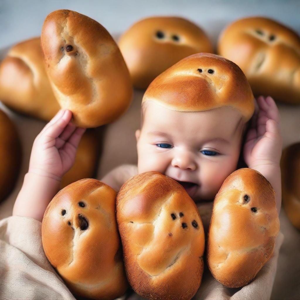 Expressive babies with tear-filled eyes, reaching out their tiny hands regally towards a loaf of warm, aromatic bread.