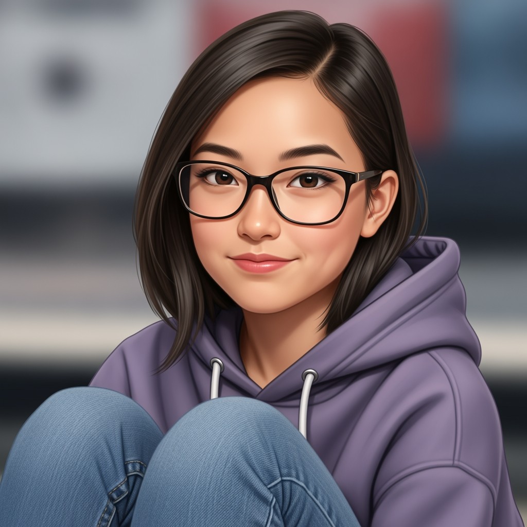 A realistic portrait of a cute, nerdy Chinese girl named Chloe, age 17, with a hint of resting bitch face